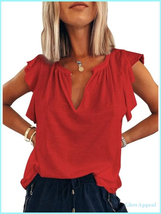 Tops - Women's V-Neck Ruffle Sleeve Tank Top Summer Casual Lightweight Polyester